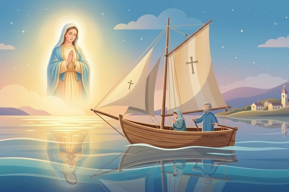 Acto de confianza en María - un barco navegando en un mar en calma guiado por una brillante estrella mariana
